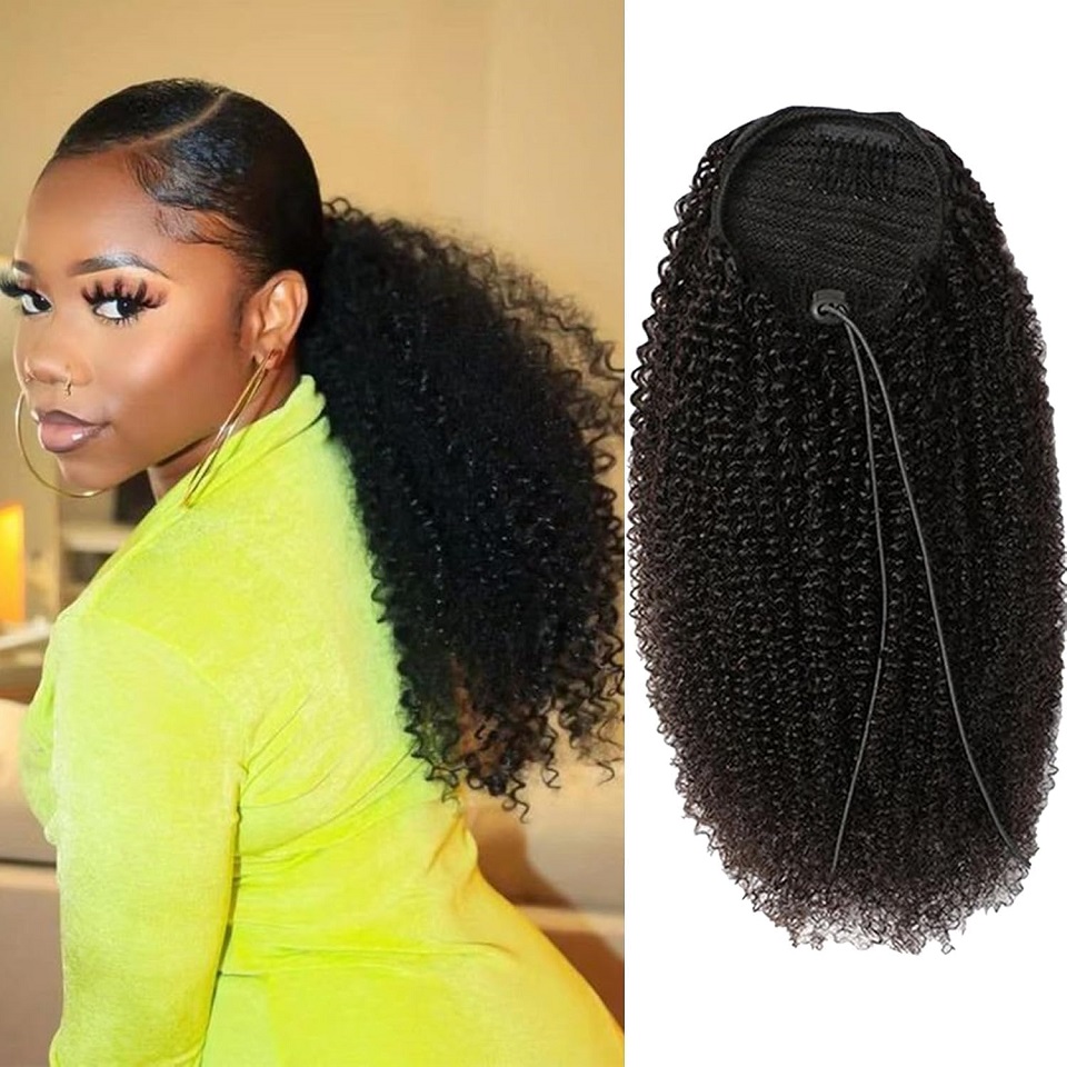 Seamless Clip In Hair Extensions Human Hair - 24-26 Zoll lange Afro-Kinky-Curly-Haarverlängerung mit Kordelzug,