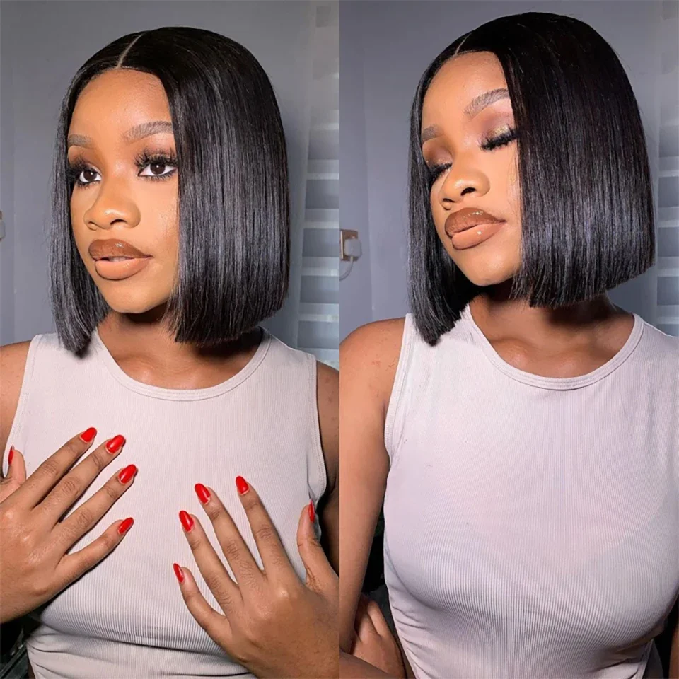 Glueless Wear And Go Human Hair Wig - Gerade kurze Bob-Perücken, Echthaar, 13 x