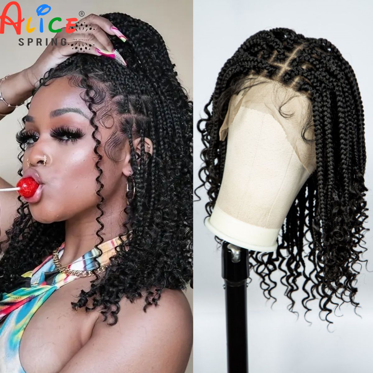Synthetic Braided Wigs For Black Women - Knotenlose, boxgeflochtene Perücken mit lockigen Enden,