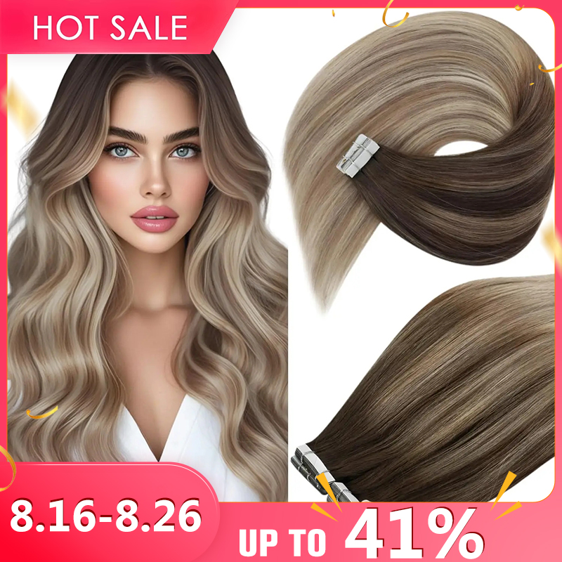 Invisible Tape In Extensions Real Hair - VeSunny Tape-in-Haarverlängerungen, Echthaar, Balayage-Farbe, echtes Naturhaar,