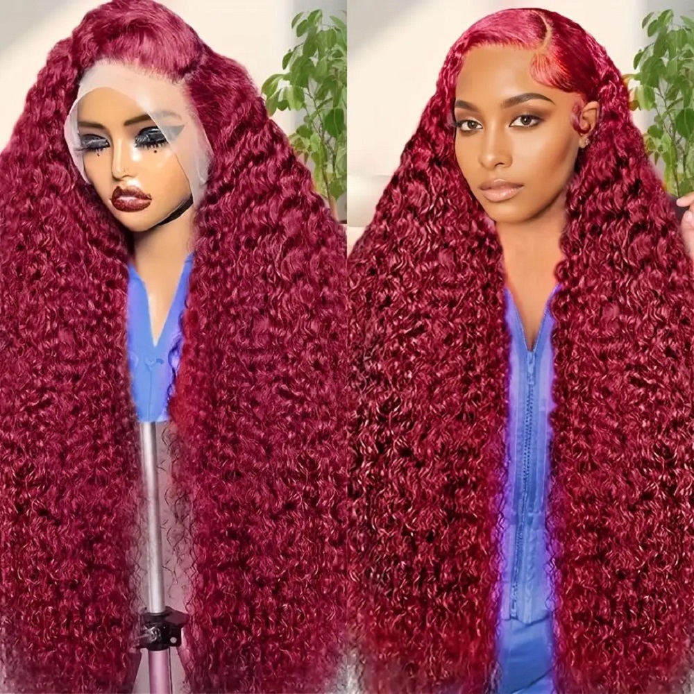 Human Hair Wigs - 200 Density Burgunderrote Deep Wave Echthaarperücke